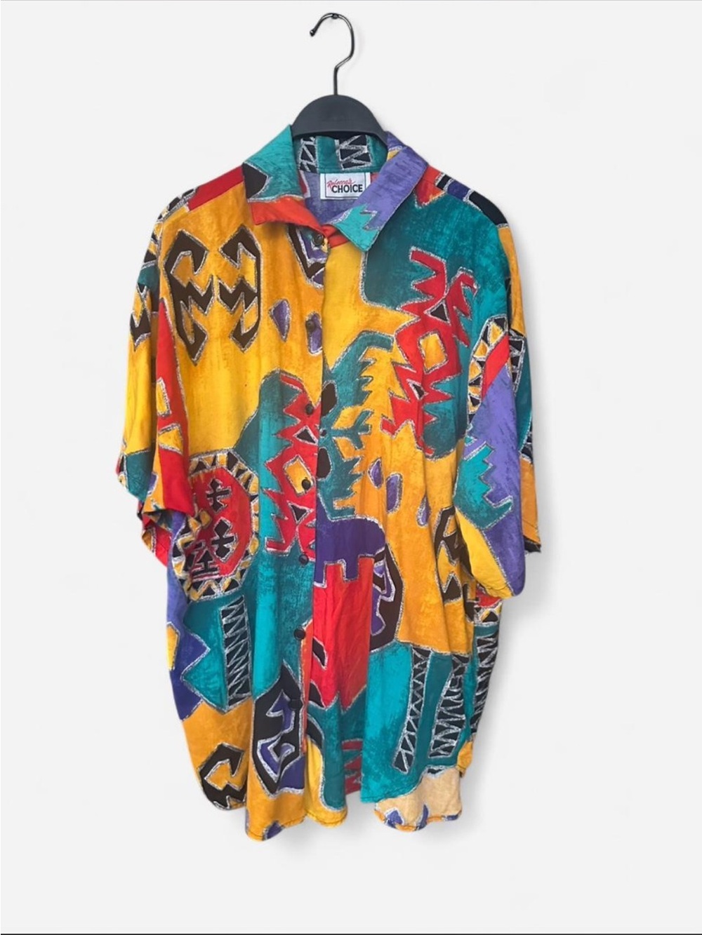 Choices Multicolor Abstract Button-Down Shirt - Yellow/Teal/Red/Purple